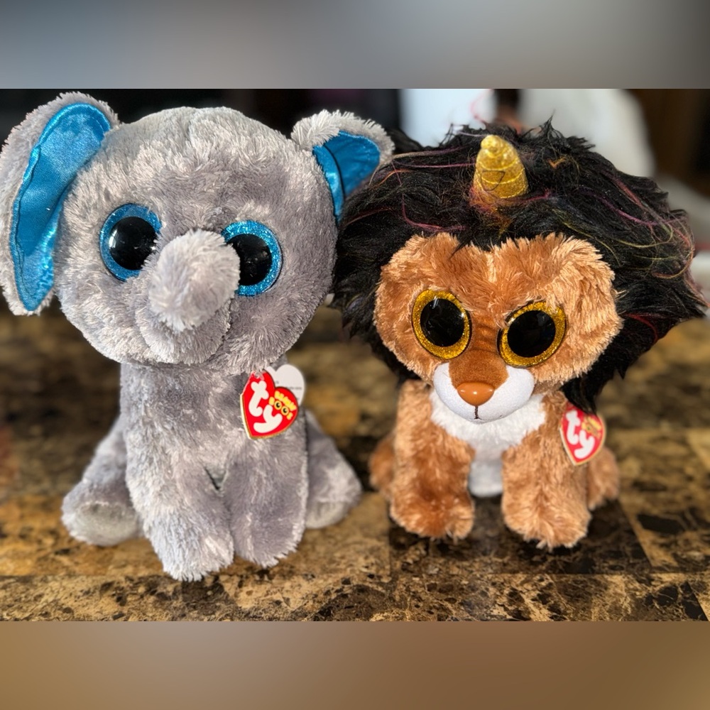🐘🦁 TY Beanie Boos Peanut the Elephant & Ramsey the Unicorn Lion Set
